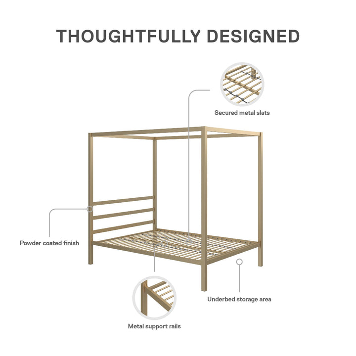 Modern Metal Canopy Bed with Sleek Built-In Headboard - Gold - Full