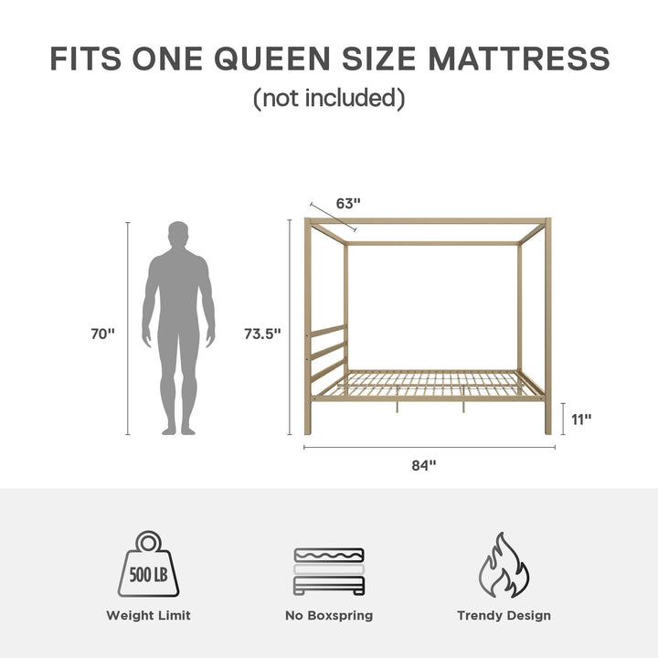 Modern Metal Canopy Bed with Sleek Built-In Headboard - Gold - Queen