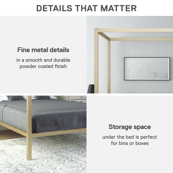 Modern Metal Canopy Bed with Sleek Built-In Headboard - Gold - Queen