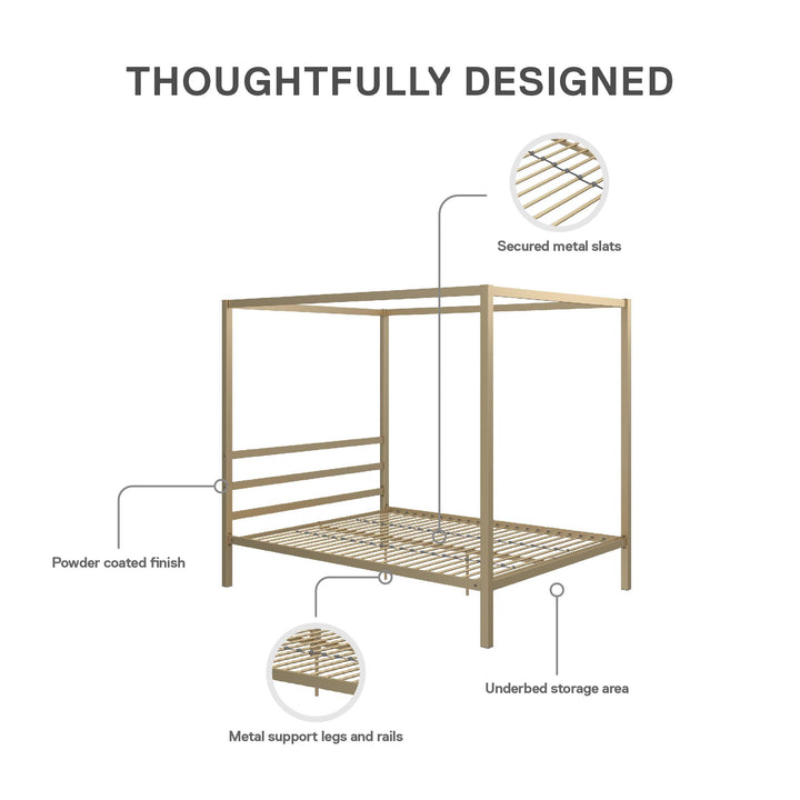 Modern Metal Canopy Bed with Sleek Built-In Headboard - Gold - Queen
