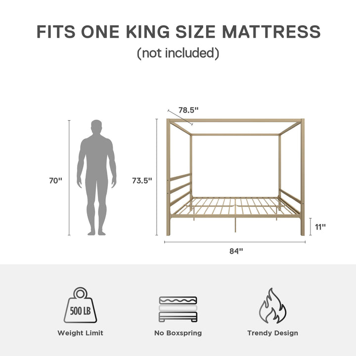 Modern Metal Canopy Bed with Sleek Built-In Headboard - Gold - King