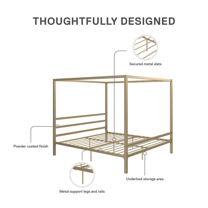Modern Metal Canopy Bed with Sleek Built-In Headboard - Gold - King