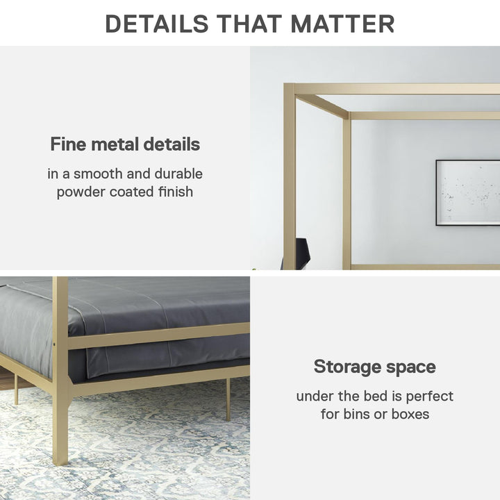Modern Metal Canopy Bed with Sleek Built-In Headboard - Gold - King