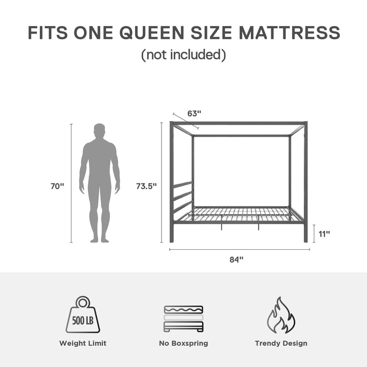 Canopy Bed with Built-In Headboard -  Gray  -  Queen