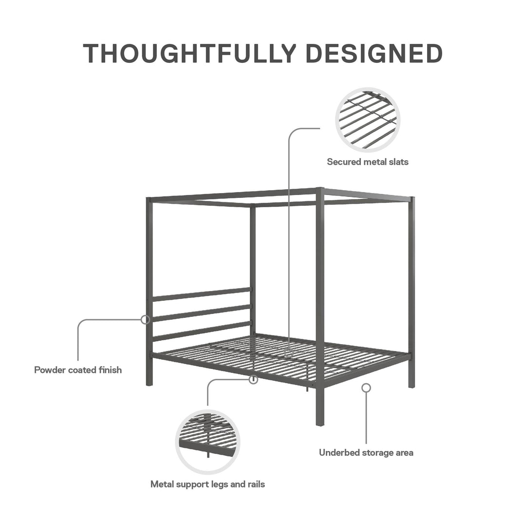 Stylish Metal Canopy Bed -  Gray  -  Queen