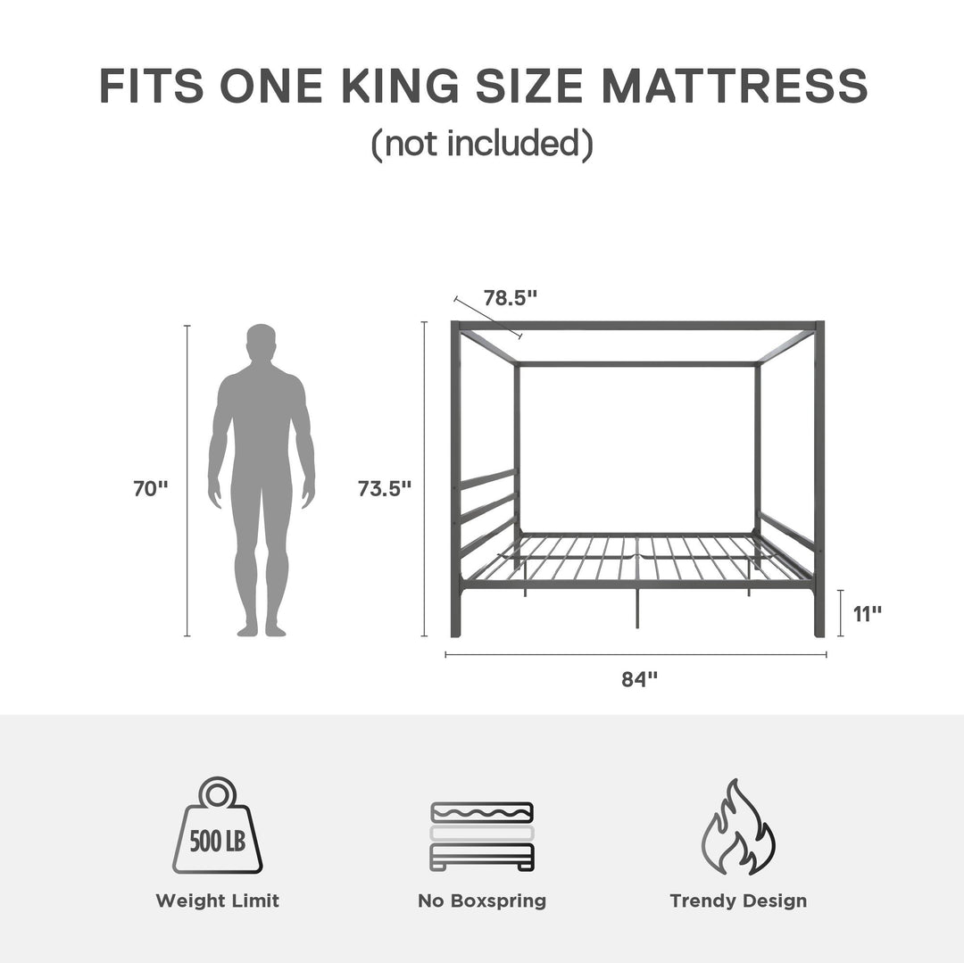 Modern Metal Canopy Bed with Sleek Built-In Headboard - Gray - King