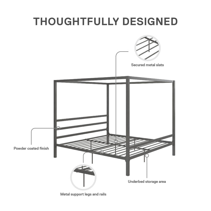 Modern Metal Canopy Bed with Sleek Built-In Headboard - Gray - King