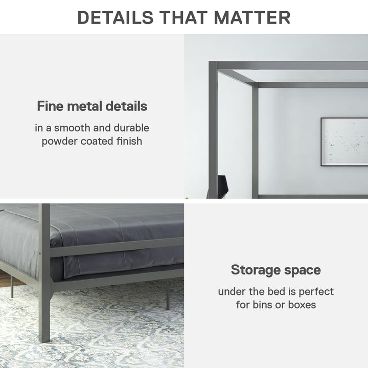 Modern Metal Canopy Bed with Sleek Built-In Headboard - Gray - King