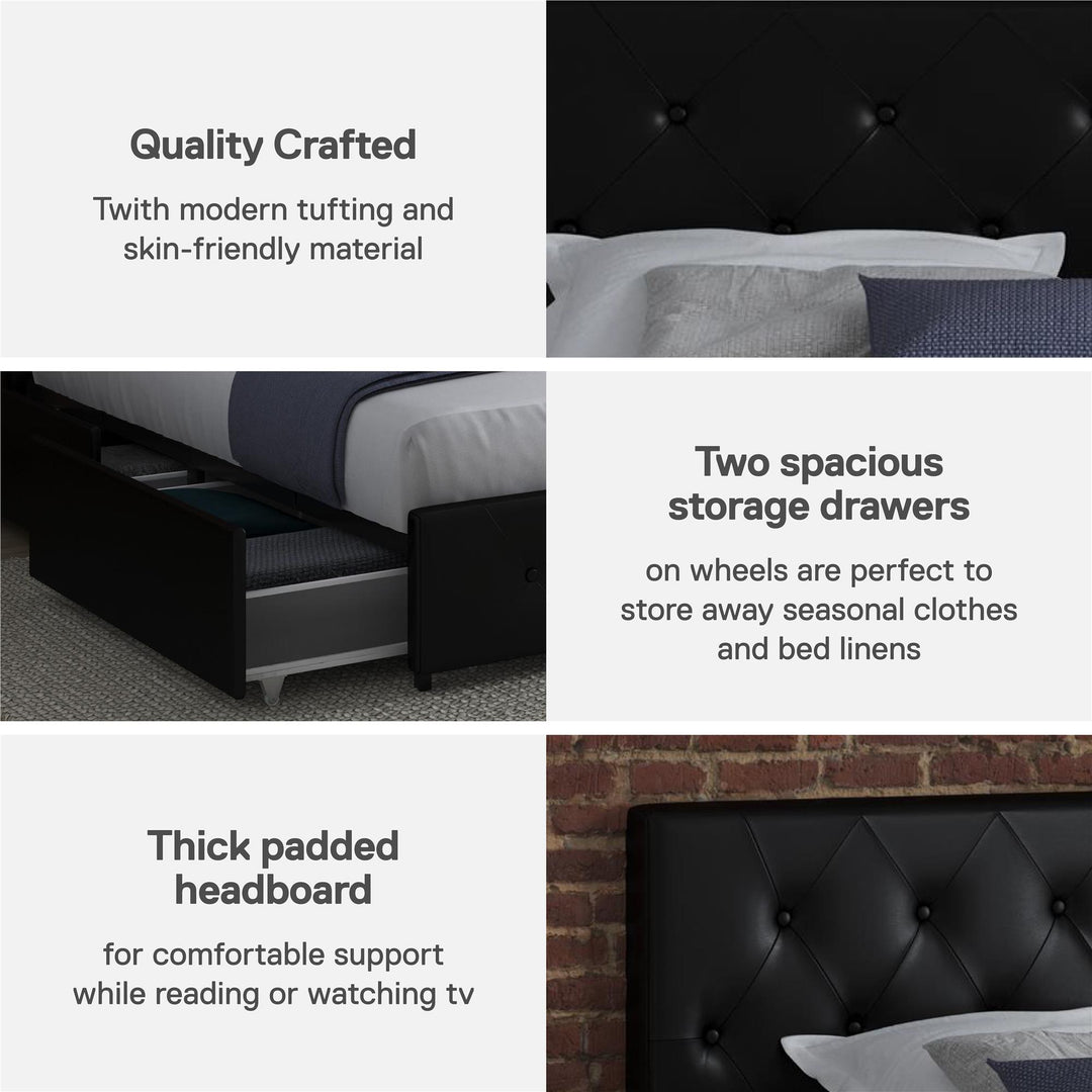 Dakota Upholstered Bed with Left Or Right Storage Drawers - Black Faux Leather - Twin