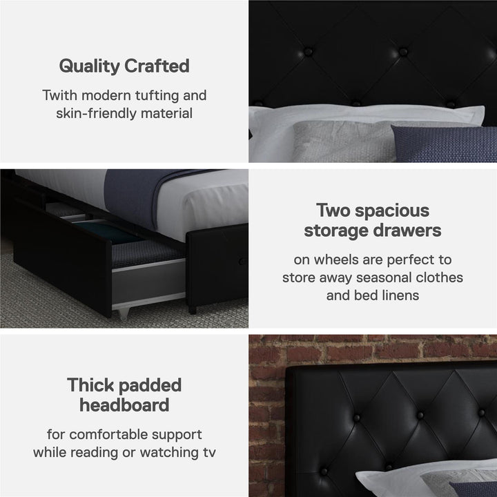 Dakota Upholstered Bed with Left Or Right Storage Drawers - Black Faux Leather - Twin
