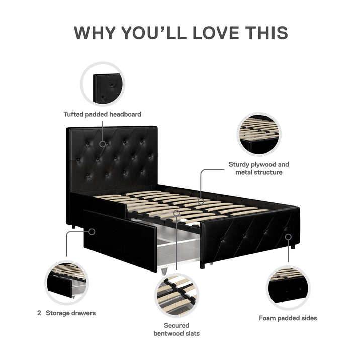 Dakota Upholstered Bed with Left Or Right Storage Drawers - Black Faux Leather - Twin