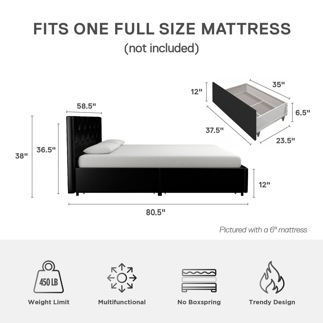 Dakota Upholstered Bed with Left Or Right Storage Drawers - Black Faux Leather - Full