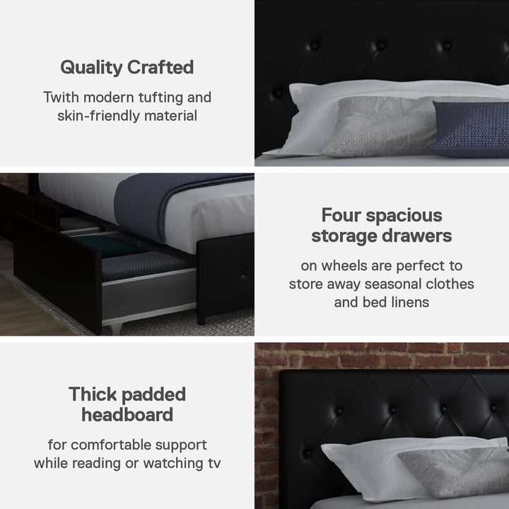 Dakota Upholstered Bed with Left Or Right Storage Drawers - Black Faux Leather - King