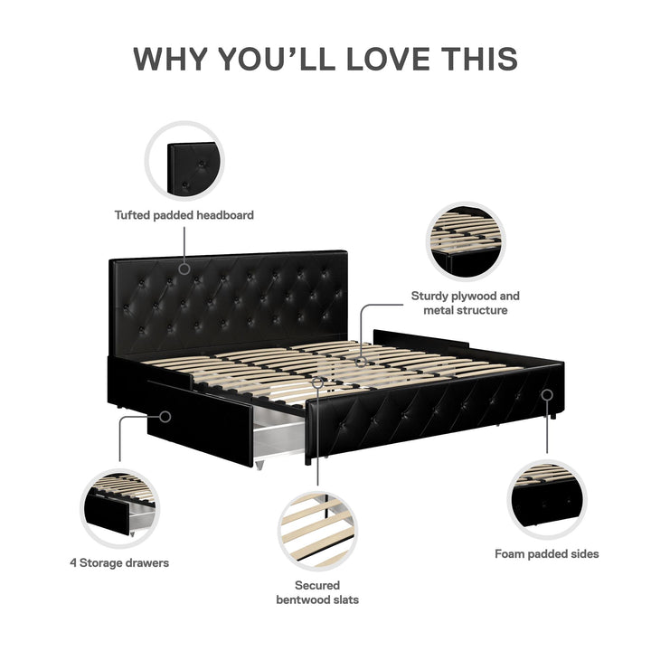 Dakota Upholstered Bed with Left Or Right Storage Drawers - Black Faux Leather - King