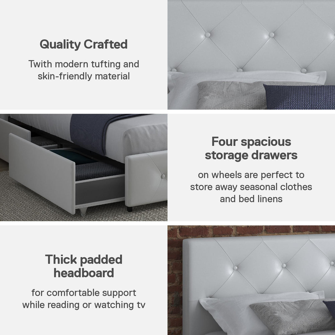 Dakota Upholstered Bed with Left Or Right Storage Drawers - White Faux leather - Full