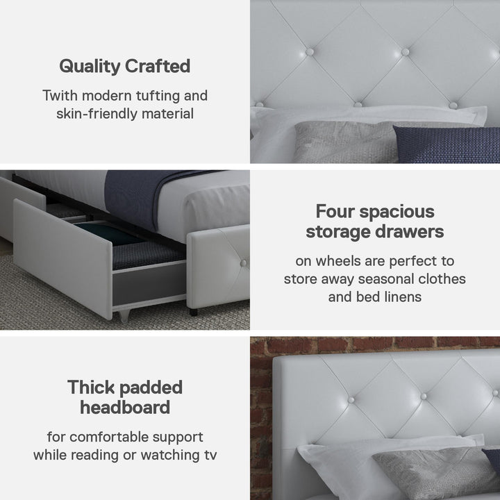 Dakota Upholstered Bed with Left Or Right Storage Drawers - White Faux leather - Full