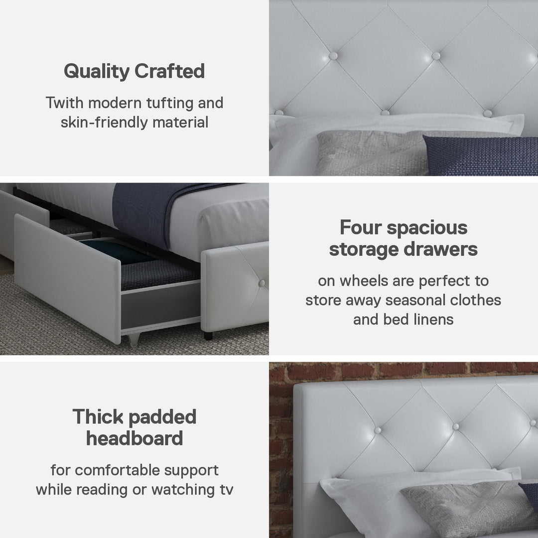 Dakota Upholstered Bed with Left Or Right Storage Drawers - White Faux leather - Queen