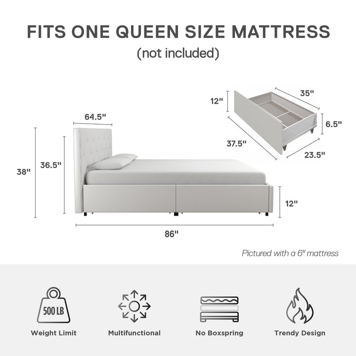 Dakota Upholstered Bed with Left Or Right Storage Drawers - White Faux leather - Queen