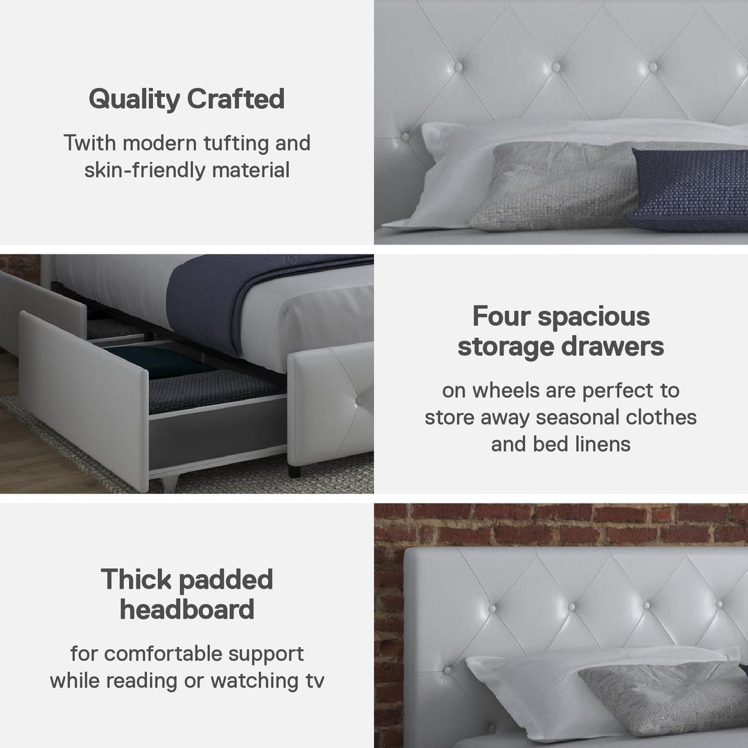 Dakota Upholstered Bed with Left Or Right Storage Drawers - White Faux leather - King