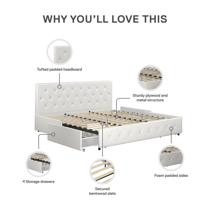 Dakota Upholstered Bed with Left Or Right Storage Drawers - White Faux leather - King