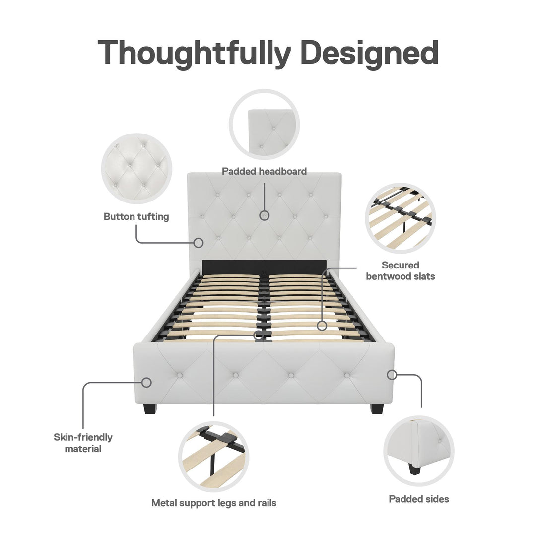 Dakota Upholstered Platform Bed With Diamond Button Tufted Heaboard - White Faux leather - Twin