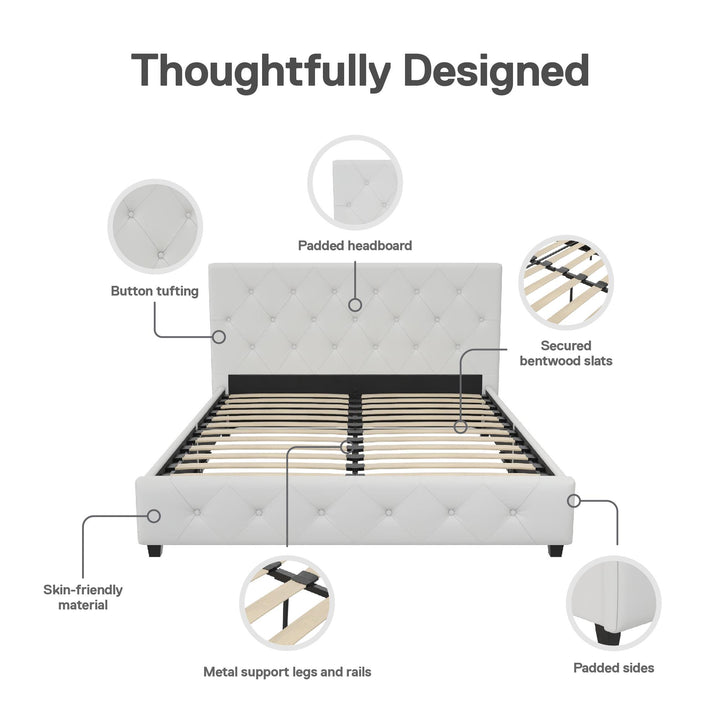 Dakota Upholstered Platform Bed With Diamond Button Tufted Heaboard - White Faux leather - Full