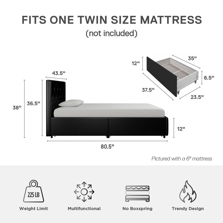 Dakota Upholstered Bed with Left Or Right Storage Drawers - Black Faux Leather - Twin