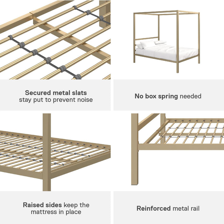 Modern Metal Canopy Bed with Sleek Built-In Headboard - Gold - Full