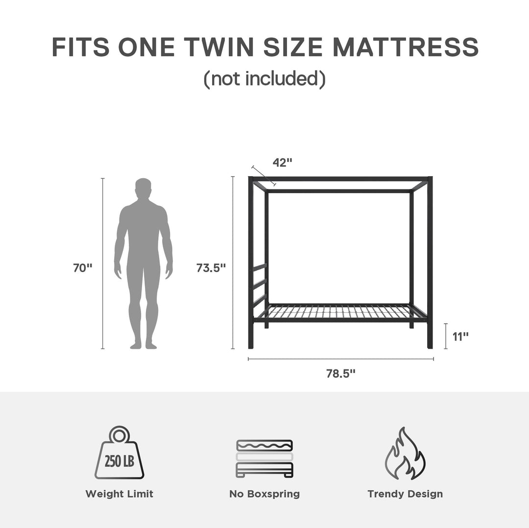 Modern Metal Canopy Bed with Sleek Built-In Headboard - Black - Twin