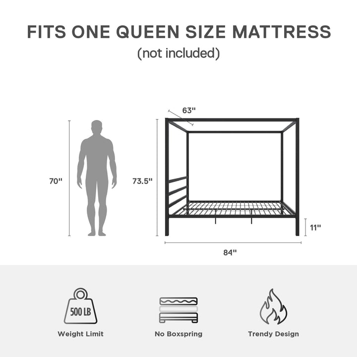 Modern Metal Canopy Bed with Sleek Built-In Headboard - Black - Queen