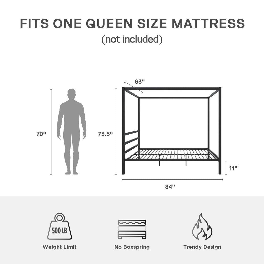 Stylish Canopy Bed with Built-In Headboard -  Black  -  Queen
