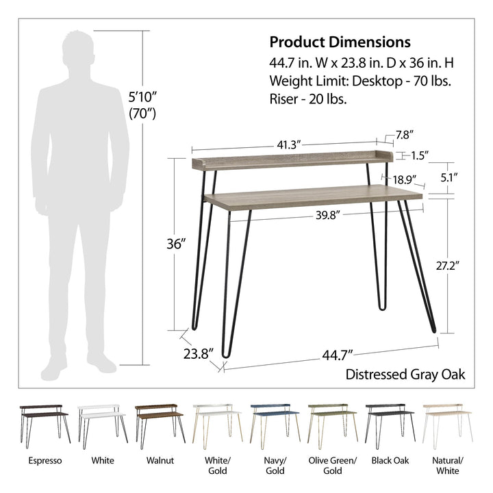 Computer Desk with Riser and Hairpin Legs -  White/Black