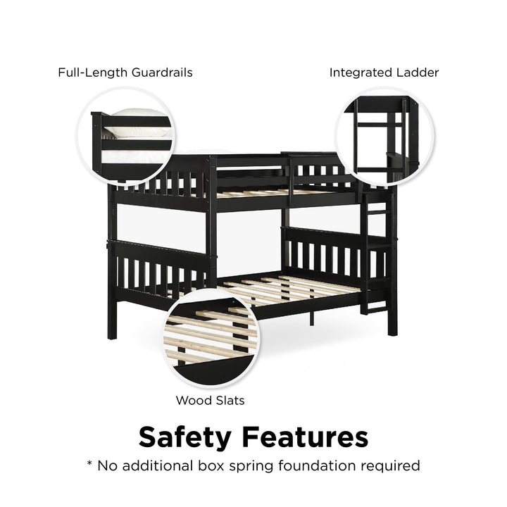 Moon Full-Over-Full Wood Bunk Bed with USB Port and Integrated Ladder - Black