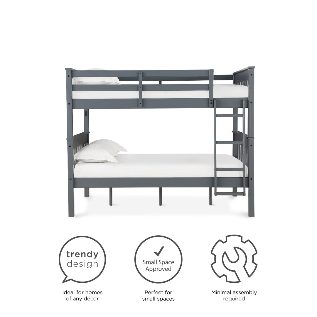 Moon Full-Over-Full Wood Bunk Bed with USB Port and Integrated Ladder - Gray