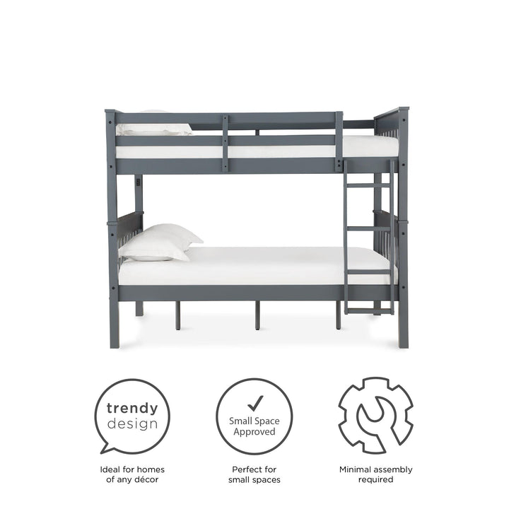 Moon Full-Over-Full Wood Bunk Bed with USB Port and Integrated Ladder - Gray