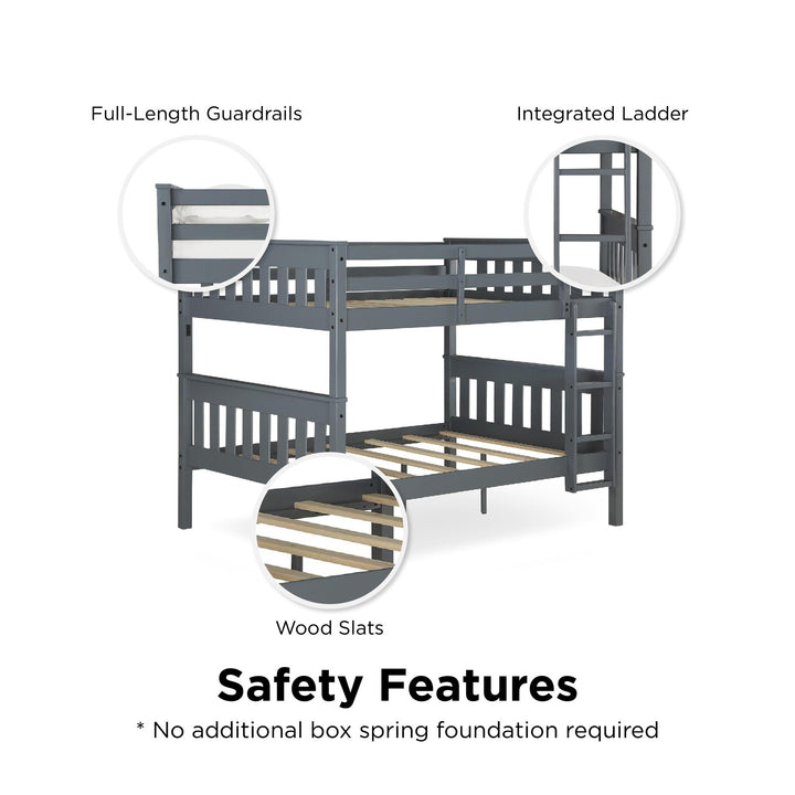 Moon Full-Over-Full Wood Bunk Bed with USB Port and Integrated Ladder - Gray