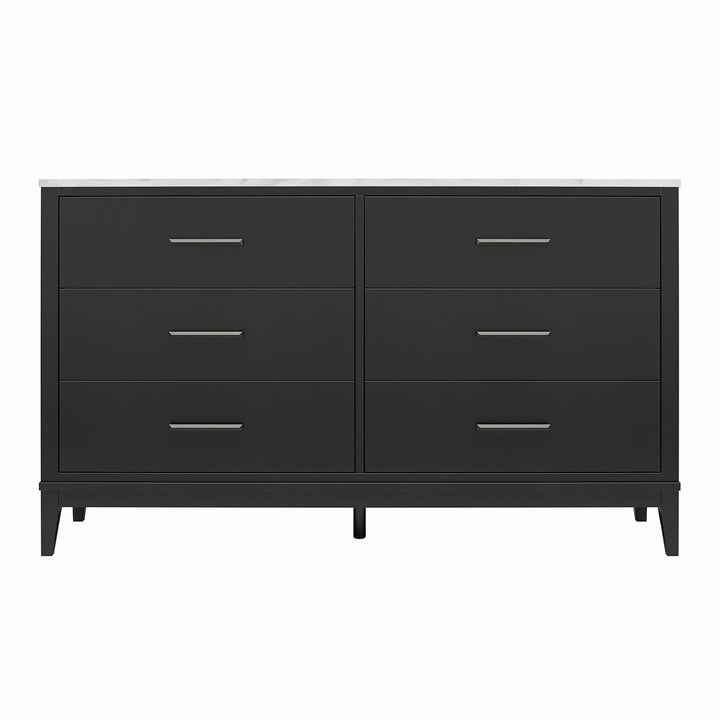 Lynnhaven Modern Wide 6 Drawer Dresser with Tapered Legs & Faux Marble Top - Black