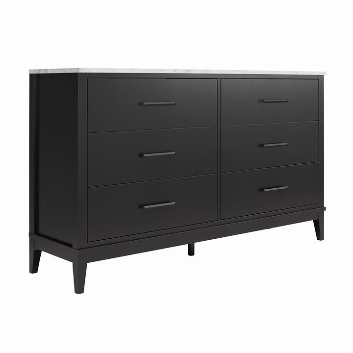 Lynnhaven Modern Wide 6 Drawer Dresser with Tapered Legs & Faux Marble Top - Black