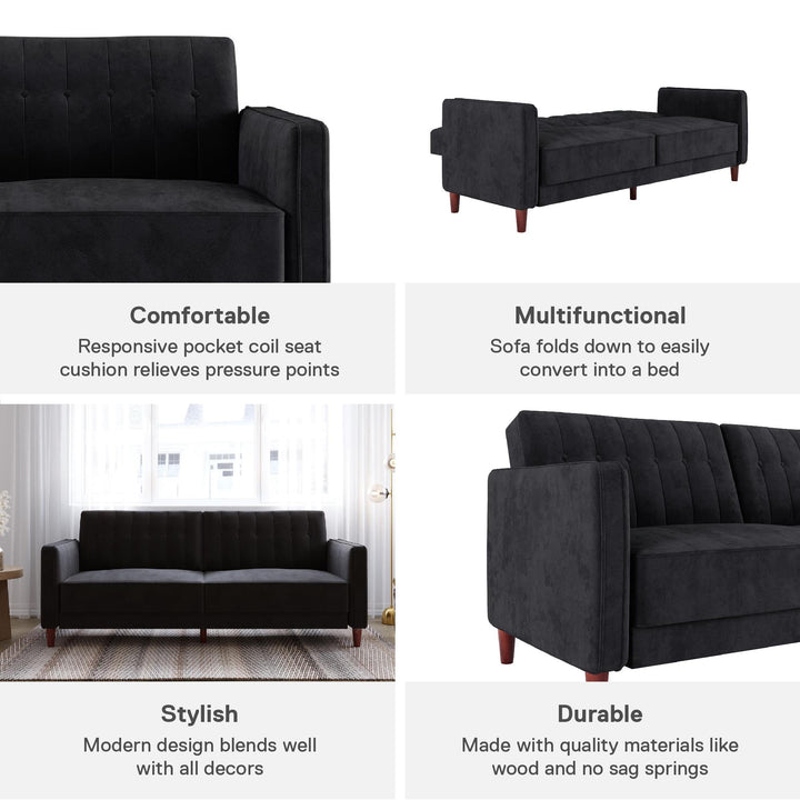 Pin Tufted Transitional Futon with Vertical Stitching and Button Tufting - Black