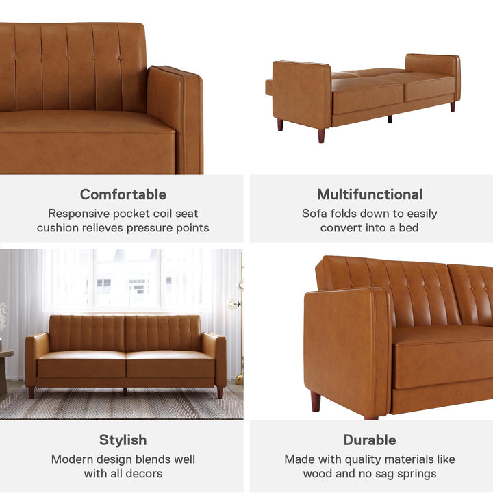 Pin Tufted Transitional Futon with Vertical Stitching and Button Tufting - Camel
