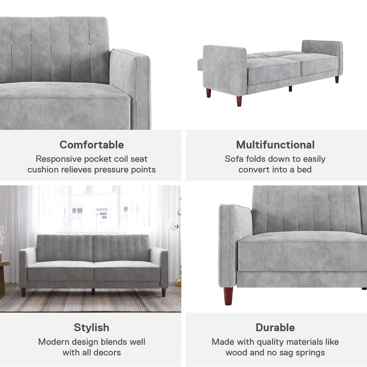 Pin Tufted Transitional Futon with Vertical Stitching and Button Tufting - Light Gray