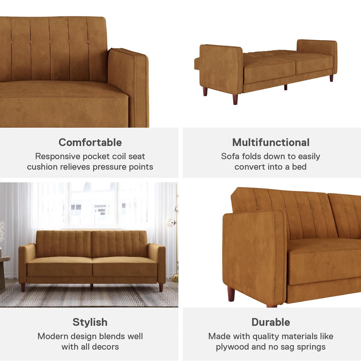Pin Tufted Transitional Futon with Vertical Stitching and Button Tufting - Rust