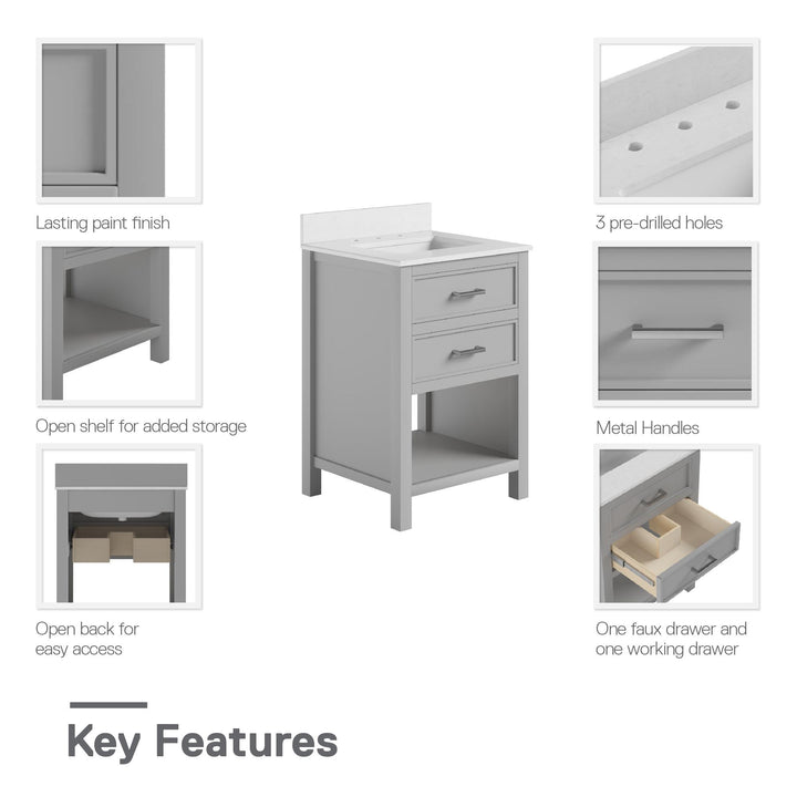 Maine 24 Inch Bathroom Vanity with Carrera Countertop and Rectangular Ceramic Sin - Gray - 24"