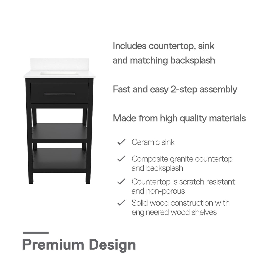 Pisa 20 Inch Bathroom Vanity with Carrera Countertop and 2 Storage Shelves - Black