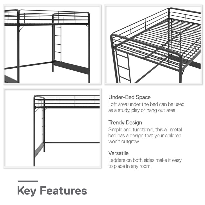 Colten Raised Loft Bed with Metal Frame and Bottom Nook - Black - Full