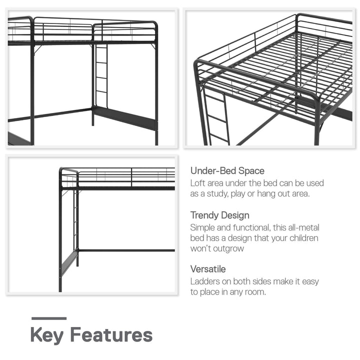 Colten Raised Loft Bed with Metal Frame and Bottom Nook - Black - Full