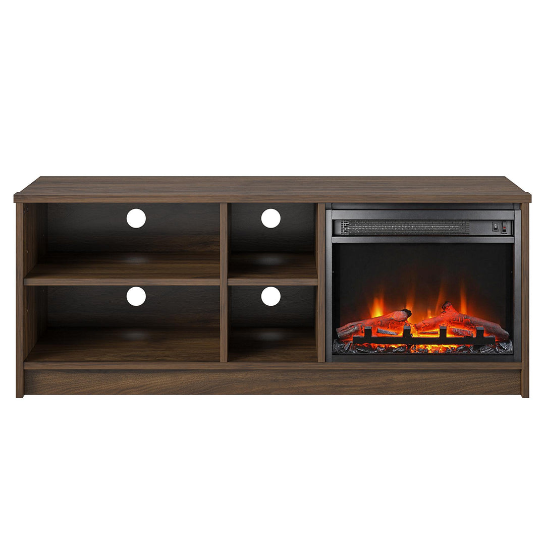 Noble Asymmetrical 55 Inch TV Stand with Electric Fireplace Insert and 4 Shelves - Walnut