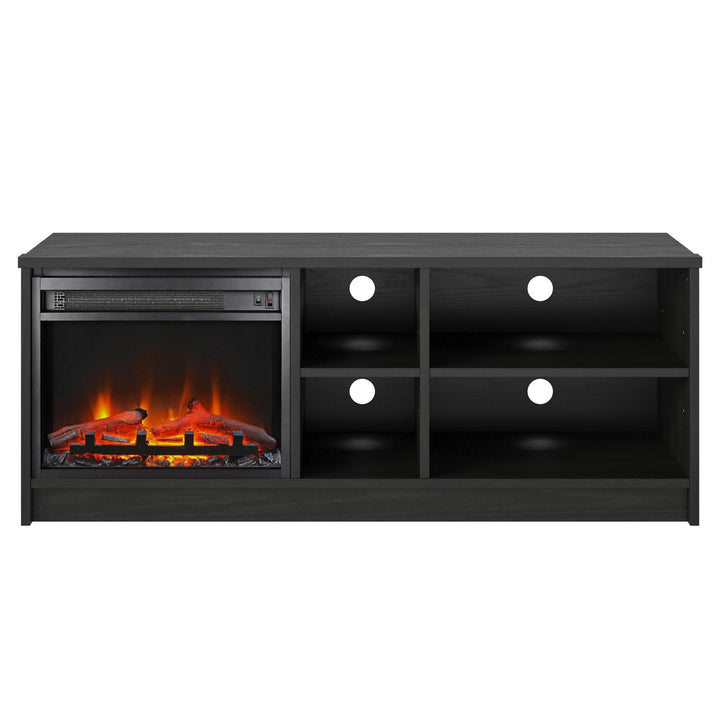 Noble Asymmetrical 55 Inch TV Stand with Electric Fireplace Insert and 4 Shelves - Black Oak