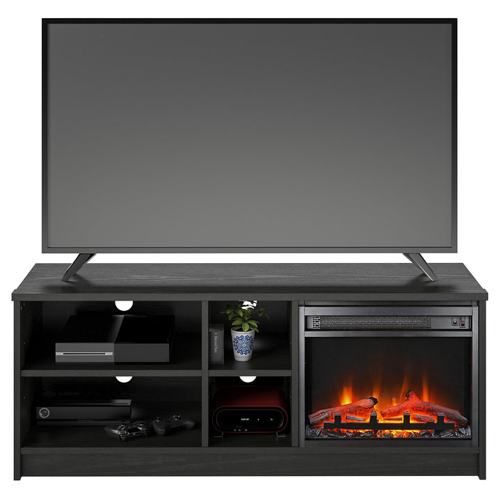 Noble Asymmetrical 55 Inch TV Stand with Electric Fireplace Insert and 4 Shelves - Black Oak