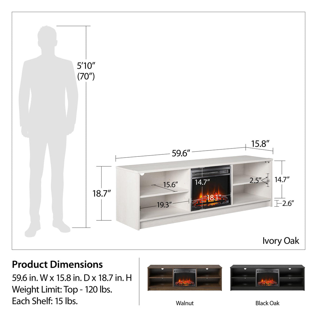 Noble TV Stand with Fireplace and Shelves -  Black Oak